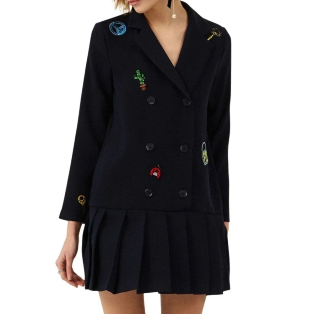 Blanc Jo Studio Blazer‎ Dress Medium Blue Embroidered Double Breasted Pleated